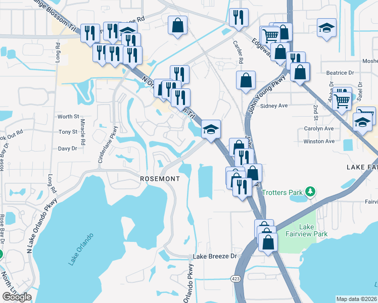map of restaurants, bars, coffee shops, grocery stores, and more near 5221 Rosamond Drive in Orlando