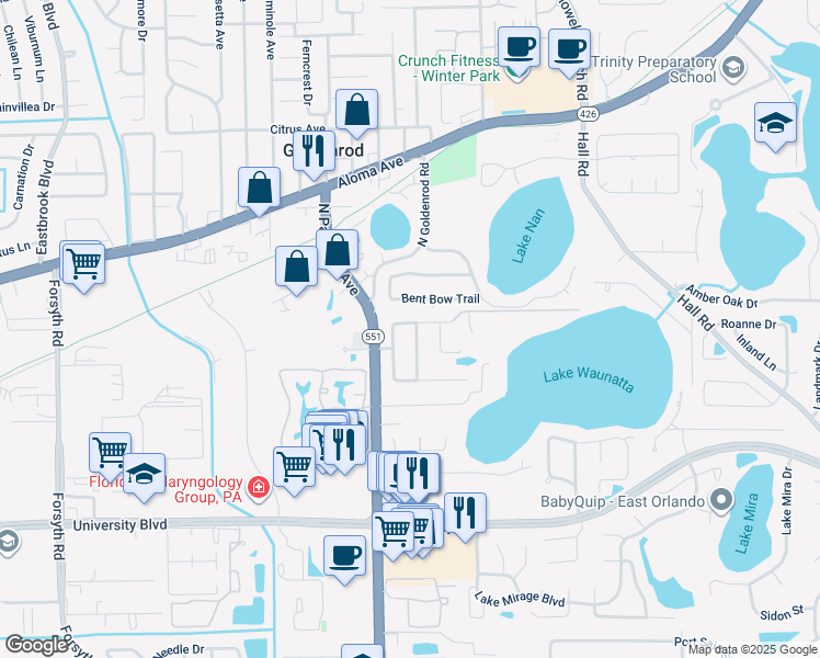 map of restaurants, bars, coffee shops, grocery stores, and more near 4435 Glenview Lane in Winter Park