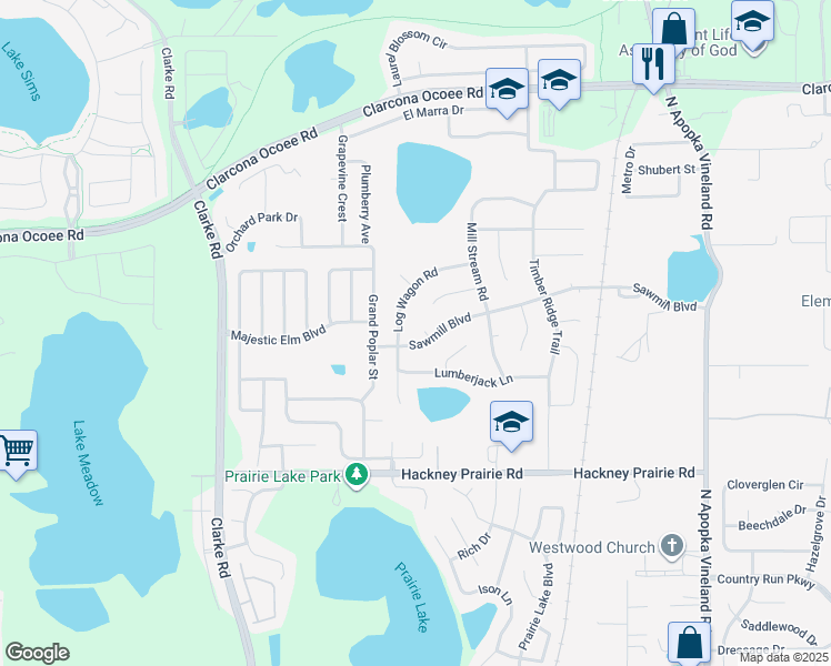 map of restaurants, bars, coffee shops, grocery stores, and more near 6701 Sawmill Boulevard in Ocoee