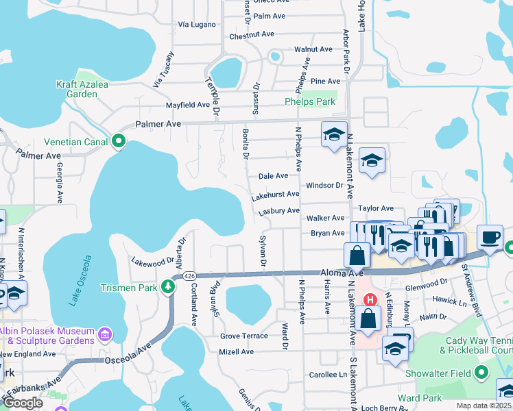 map of restaurants, bars, coffee shops, grocery stores, and more near 724 Bonita Drive in Winter Park