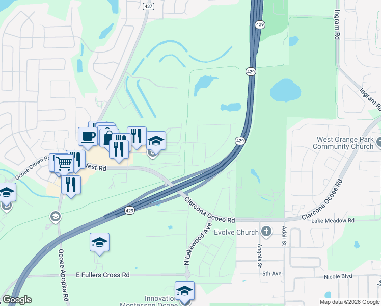 map of restaurants, bars, coffee shops, grocery stores, and more near 2199 West Road in Apopka