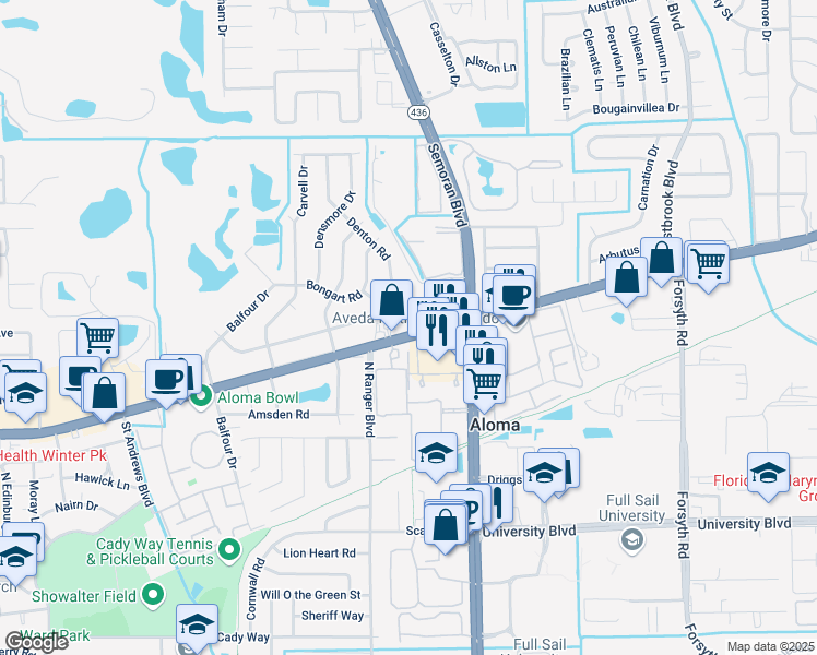 map of restaurants, bars, coffee shops, grocery stores, and more near 101 Jamestown Drive in Winter Park