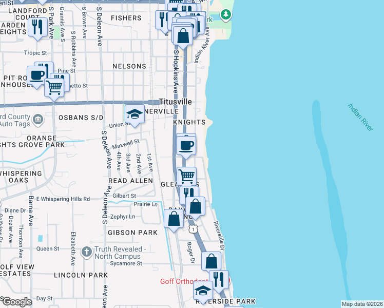 map of restaurants, bars, coffee shops, grocery stores, and more near 1110 Riverside Drive in Titusville