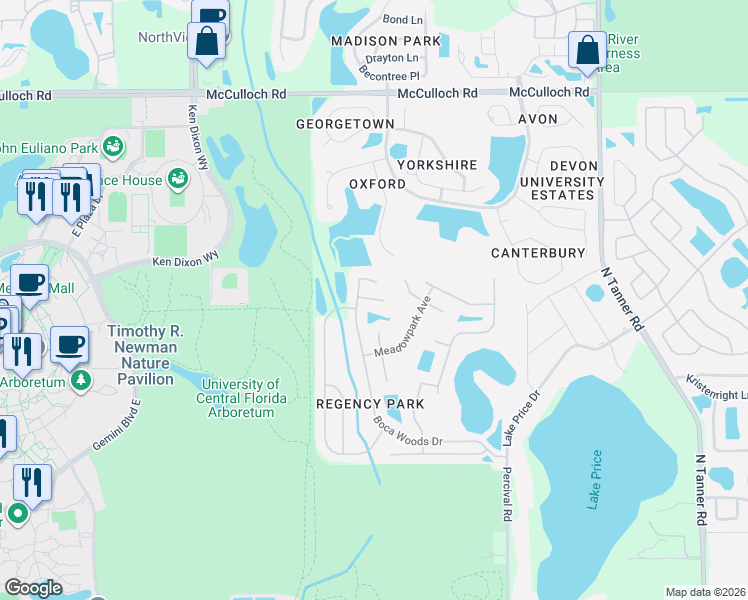 map of restaurants, bars, coffee shops, grocery stores, and more near 4343 Boca Woods Drive in Orlando