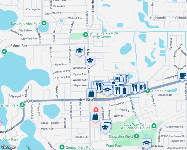 map of restaurants, bars, coffee shops, grocery stores, and more near 630 Glenarden Road in Winter Park