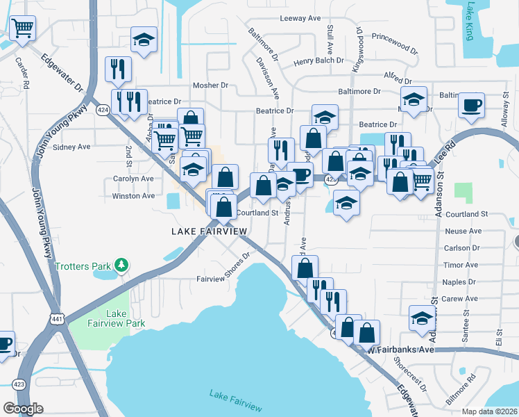 map of restaurants, bars, coffee shops, grocery stores, and more near 4815 Eggleston Avenue in Orlando