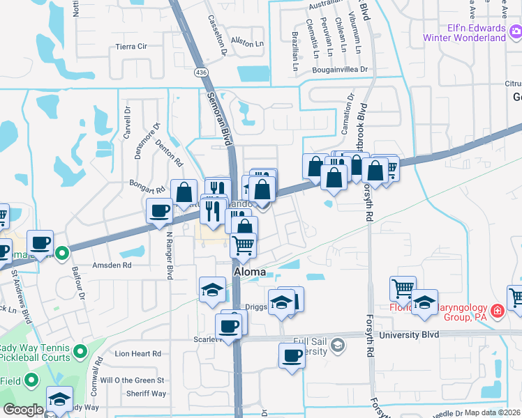 map of restaurants, bars, coffee shops, grocery stores, and more near 495 North Semoran Boulevard in Winter Park
