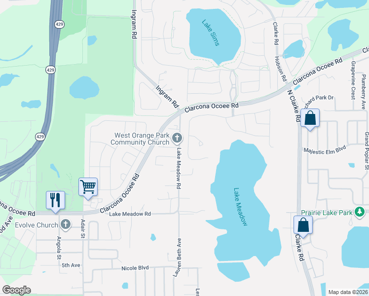 map of restaurants, bars, coffee shops, grocery stores, and more near 1263 Arden Oaks Drive in Ocoee