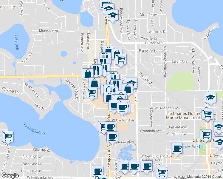 map of restaurants, bars, coffee shops, grocery stores, and more near 810 North Orlando Avenue in Winter Park