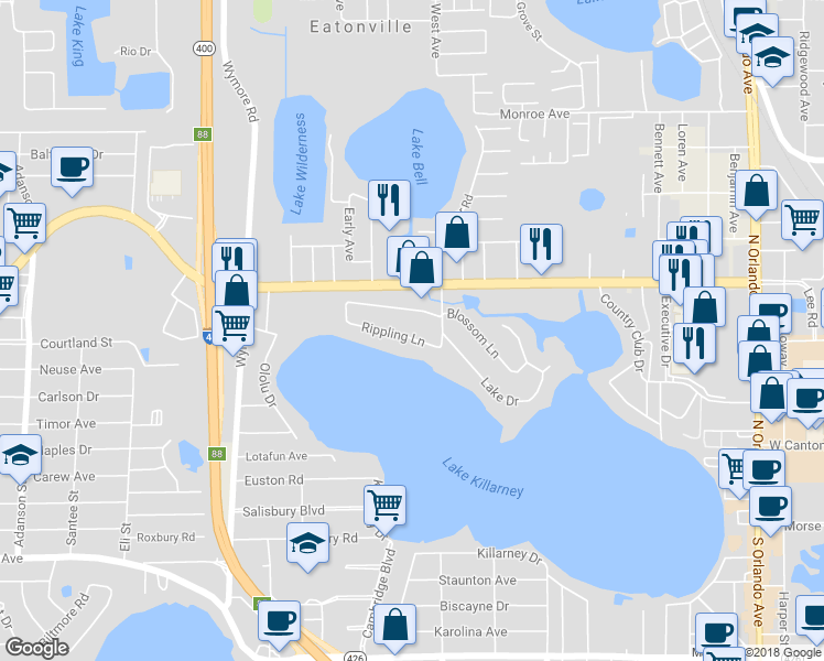 map of restaurants, bars, coffee shops, grocery stores, and more near 216 Blossom Lane in Winter Park