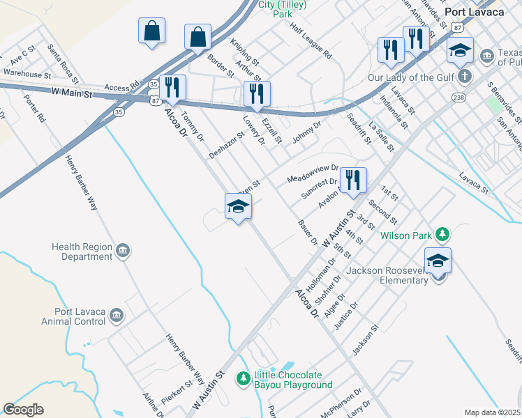 map of restaurants, bars, coffee shops, grocery stores, and more near 300 Alcoa Drive in Port Lavaca