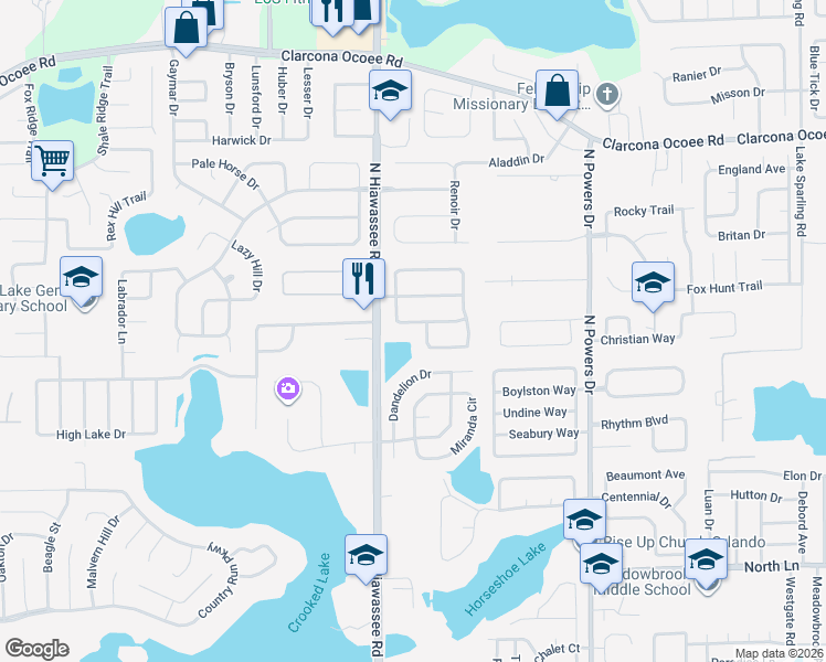 map of restaurants, bars, coffee shops, grocery stores, and more near 5108 Hickory Ridge Road in Orlando