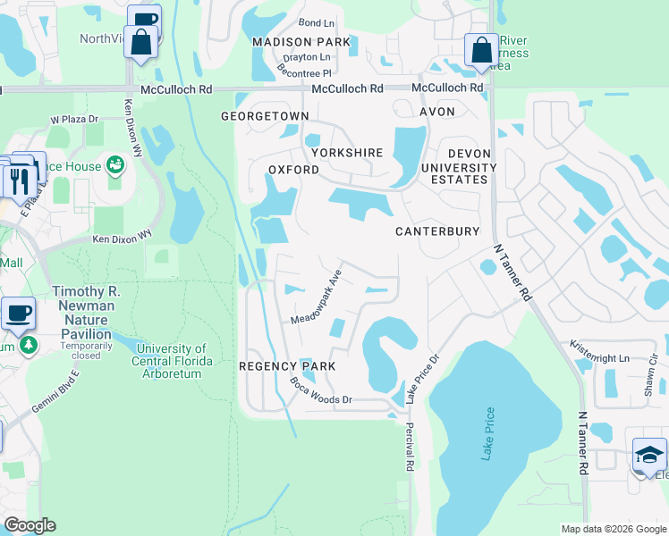 map of restaurants, bars, coffee shops, grocery stores, and more near 13801 Valleybrooke Lane in Orlando