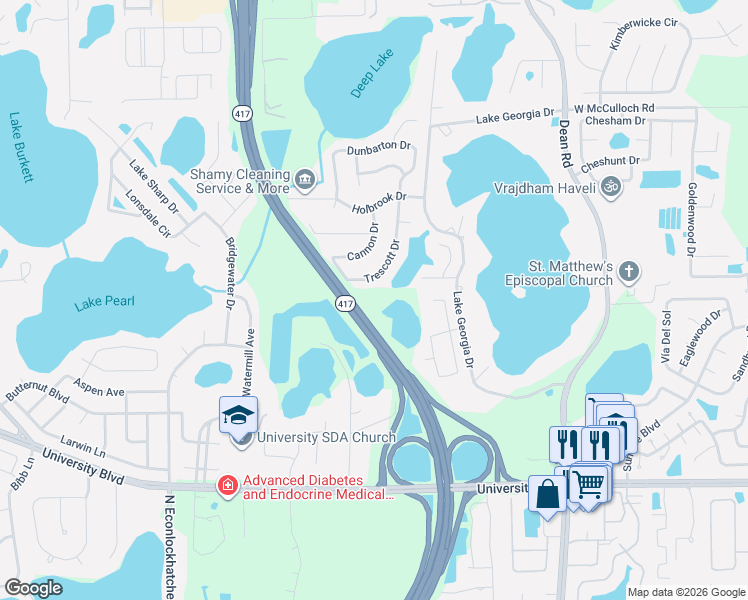 map of restaurants, bars, coffee shops, grocery stores, and more near 4409 Trescott Drive in Orlando