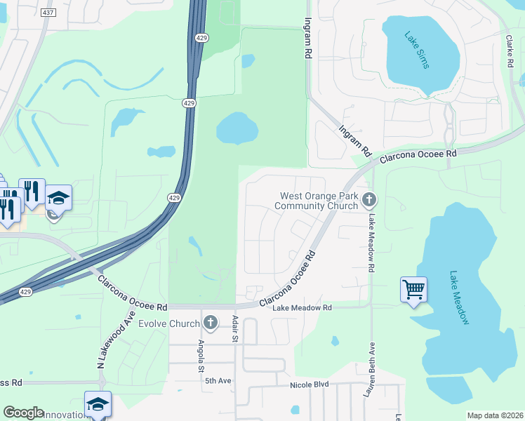 map of restaurants, bars, coffee shops, grocery stores, and more near 625 Misty Maple Street in Ocoee