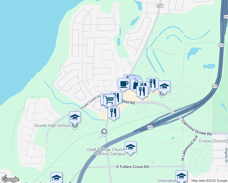 map of restaurants, bars, coffee shops, grocery stores, and more near 533 Zinfandel Court in Ocoee