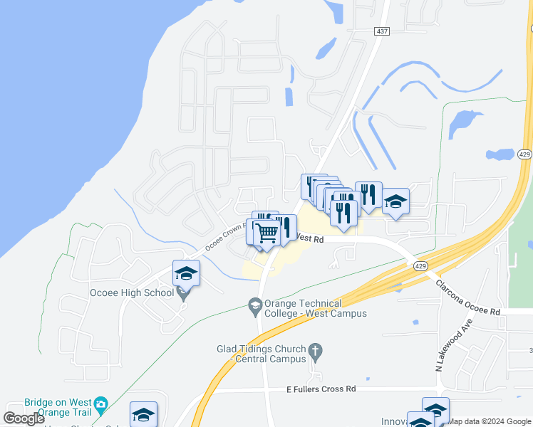 map of restaurants, bars, coffee shops, grocery stores, and more near 489 Scarlatti Court in Ocoee