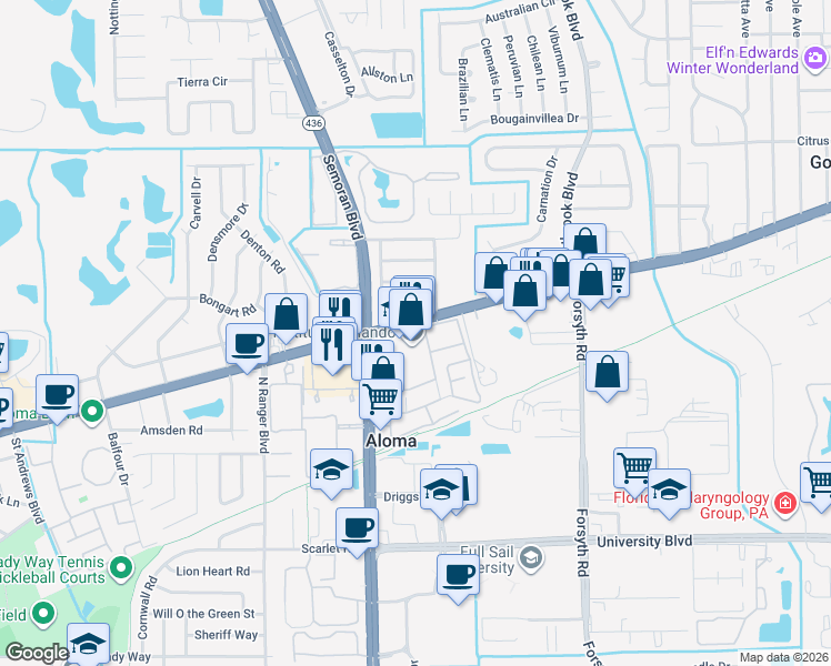 map of restaurants, bars, coffee shops, grocery stores, and more near 495 North Semoran Boulevard in Winter Park
