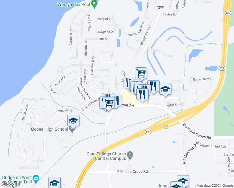 map of restaurants, bars, coffee shops, grocery stores, and more near 400 Scarlatti Court in Ocoee