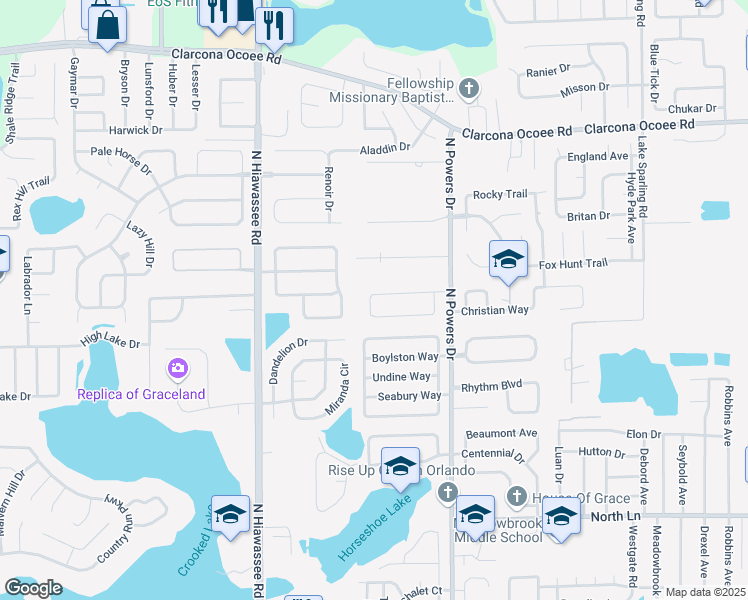 map of restaurants, bars, coffee shops, grocery stores, and more near 6359 Powers Pointe Circle in Orlando