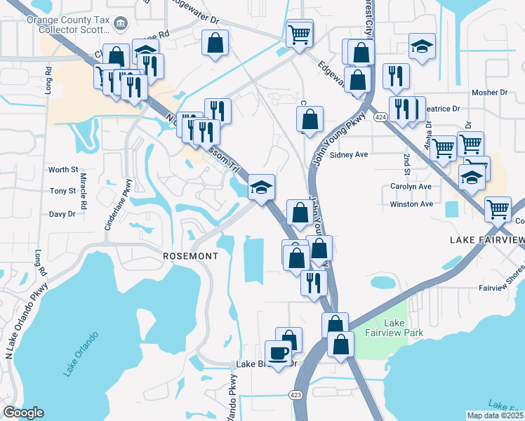 map of restaurants, bars, coffee shops, grocery stores, and more near 5104 North Orange Blossom Trail in Orlando