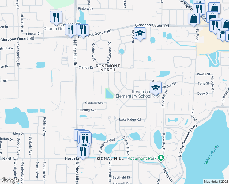map of restaurants, bars, coffee shops, grocery stores, and more near 5109 Barnegat Point Road in Orlando