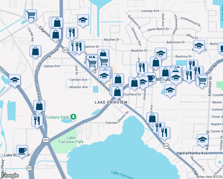 map of restaurants, bars, coffee shops, grocery stores, and more near in Orlando
