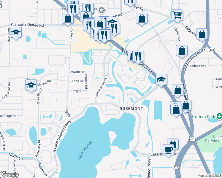 map of restaurants, bars, coffee shops, grocery stores, and more near 5193 Cinderlane Parkway in Orlando