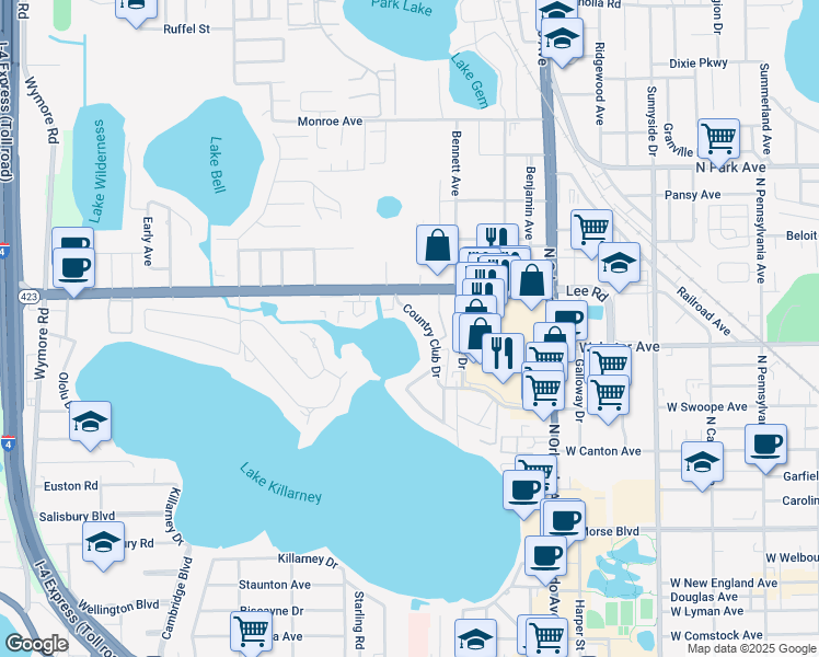 map of restaurants, bars, coffee shops, grocery stores, and more near 620 Country Club Drive in Winter Park