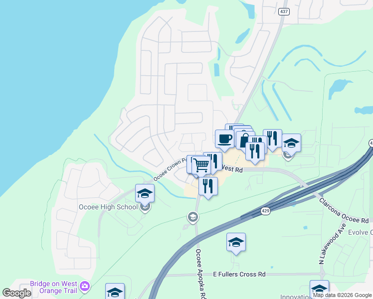 map of restaurants, bars, coffee shops, grocery stores, and more near 2440 Viterbo Way in Ocoee
