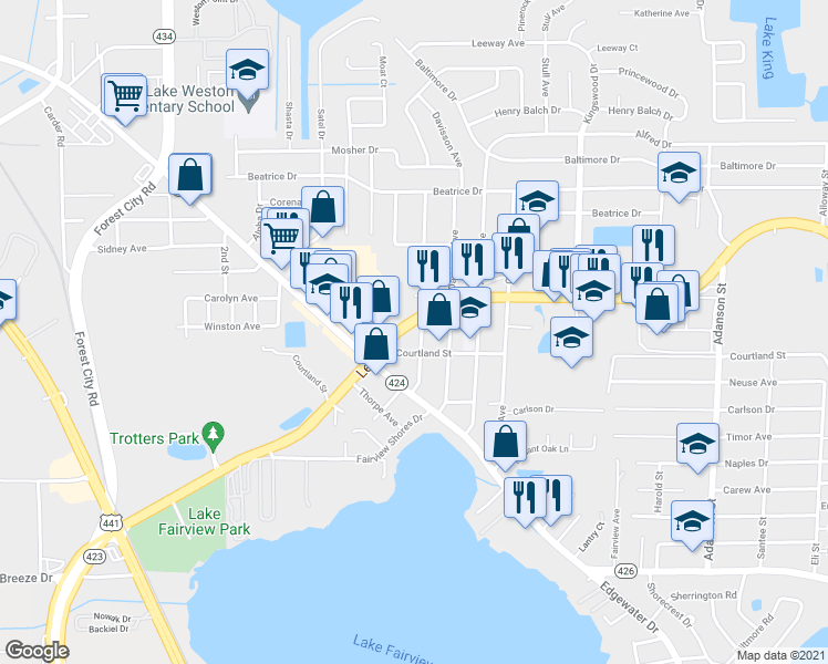 map of restaurants, bars, coffee shops, grocery stores, and more near 1710 Lee Road in Orlando