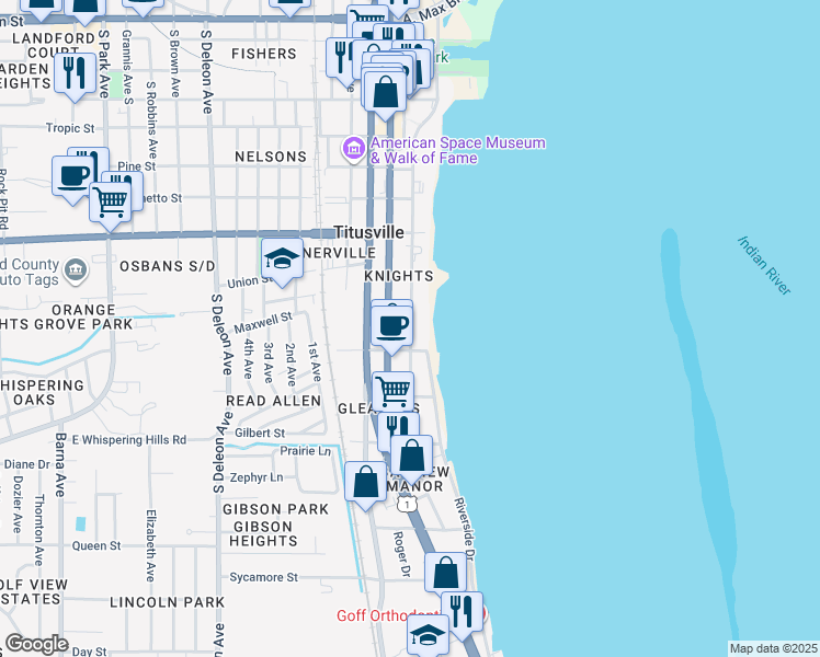 map of restaurants, bars, coffee shops, grocery stores, and more near 1013 Indian River Avenue in Titusville