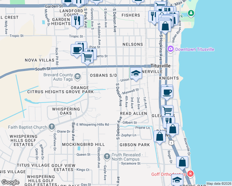 map of restaurants, bars, coffee shops, grocery stores, and more near 917 South Deleon Avenue in Titusville