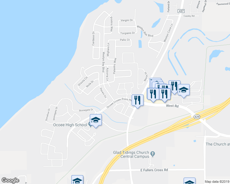map of restaurants, bars, coffee shops, grocery stores, and more near 696 Fortanini Circle in Ocoee