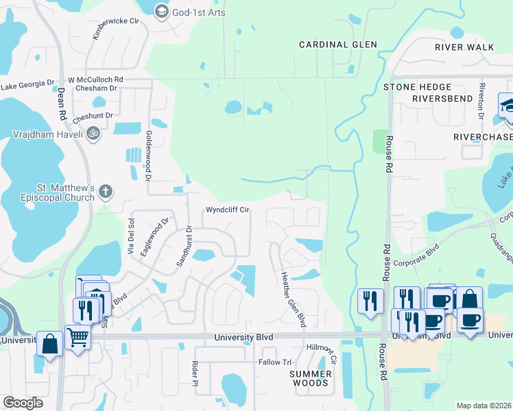 map of restaurants, bars, coffee shops, grocery stores, and more near 4403 Wyndcliff Circle in Orlando