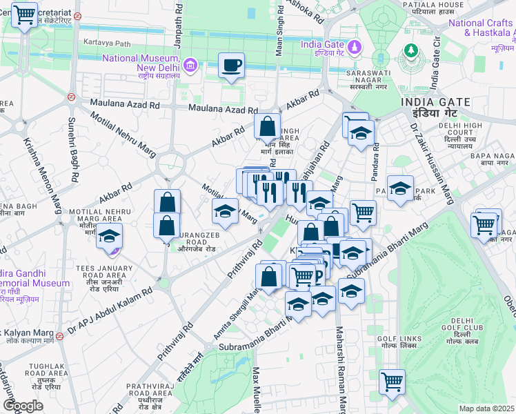 map of restaurants, bars, coffee shops, grocery stores, and more near Taj Mansingh Hotel Road in New Delhi