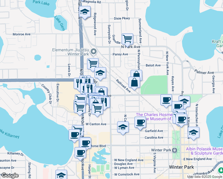 map of restaurants, bars, coffee shops, grocery stores, and more near 840 North Denning Drive in Winter Park