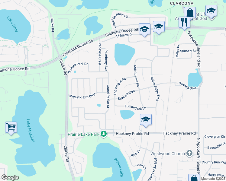 map of restaurants, bars, coffee shops, grocery stores, and more near 5118 Log Wagon Road in Ocoee