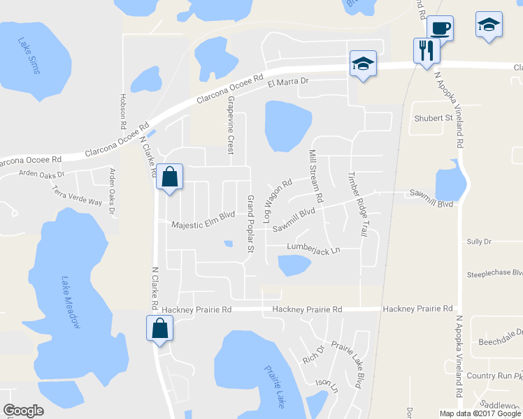 map of restaurants, bars, coffee shops, grocery stores, and more near 5118 Log Wagon Road in Ocoee