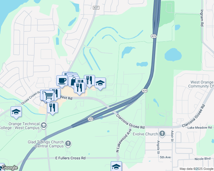 map of restaurants, bars, coffee shops, grocery stores, and more near 1190 Arbour Point Way in Ocoee