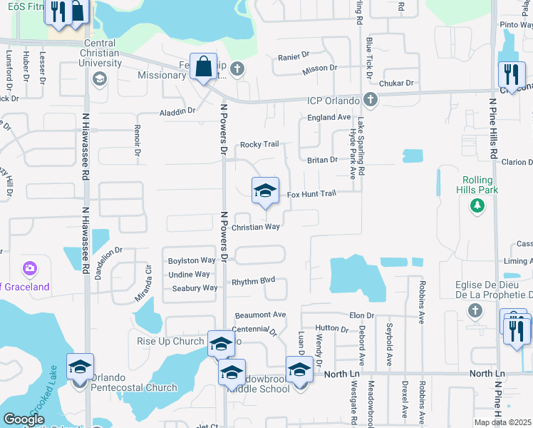 map of restaurants, bars, coffee shops, grocery stores, and more near 6147 Christian Way in Orlando