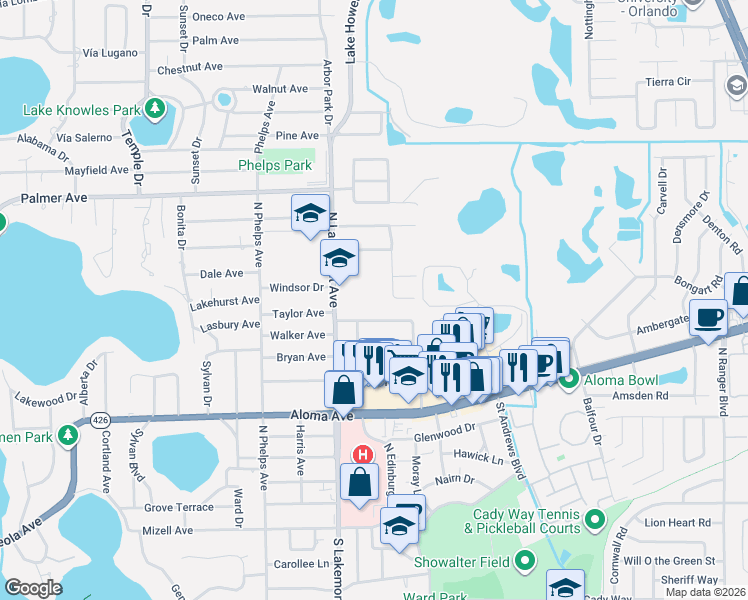 map of restaurants, bars, coffee shops, grocery stores, and more near 760 North Lakemont Avenue in Winter Park