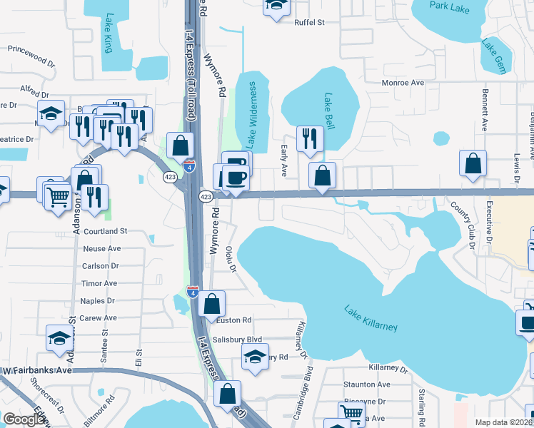 map of restaurants, bars, coffee shops, grocery stores, and more near 2540 Lee Road in Winter Park