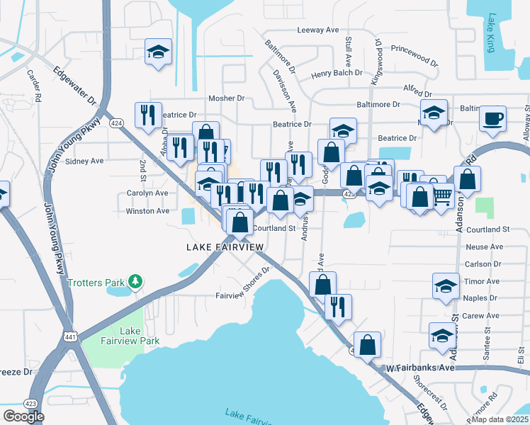 map of restaurants, bars, coffee shops, grocery stores, and more near 1710 Lee Road in Orlando