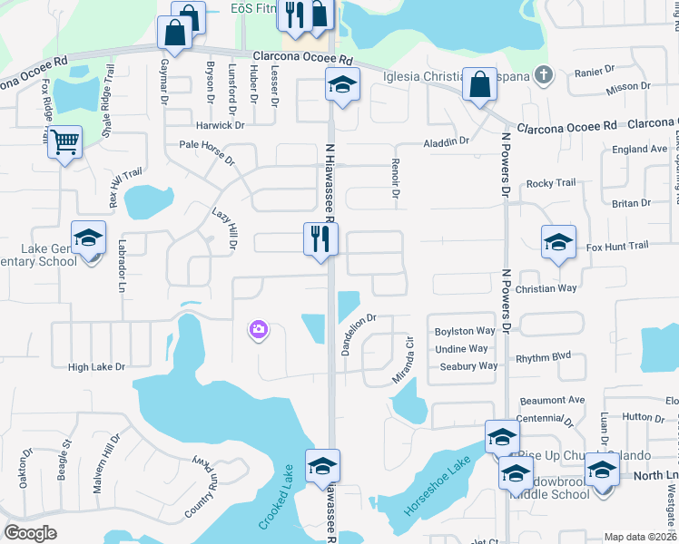 map of restaurants, bars, coffee shops, grocery stores, and more near 5108 Hickory Ridge Road in Orlando