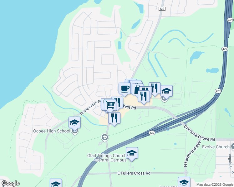 map of restaurants, bars, coffee shops, grocery stores, and more near 533 Zinfandel Ct in Ocoee
