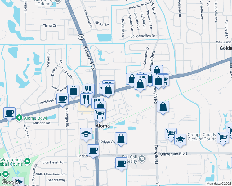 map of restaurants, bars, coffee shops, grocery stores, and more near 11 Autumn Breeze Way in Winter Park