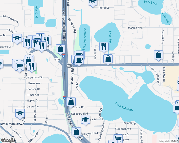 map of restaurants, bars, coffee shops, grocery stores, and more near 2500 Lee Road in Winter Park