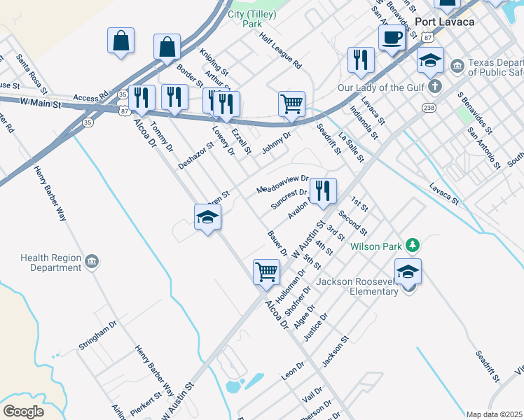 map of restaurants, bars, coffee shops, grocery stores, and more near 1625 Suncrest Drive in Port Lavaca