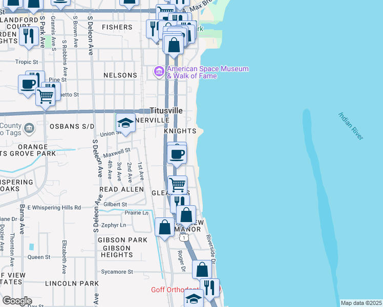 map of restaurants, bars, coffee shops, grocery stores, and more near 1013 Indian River Avenue in Titusville